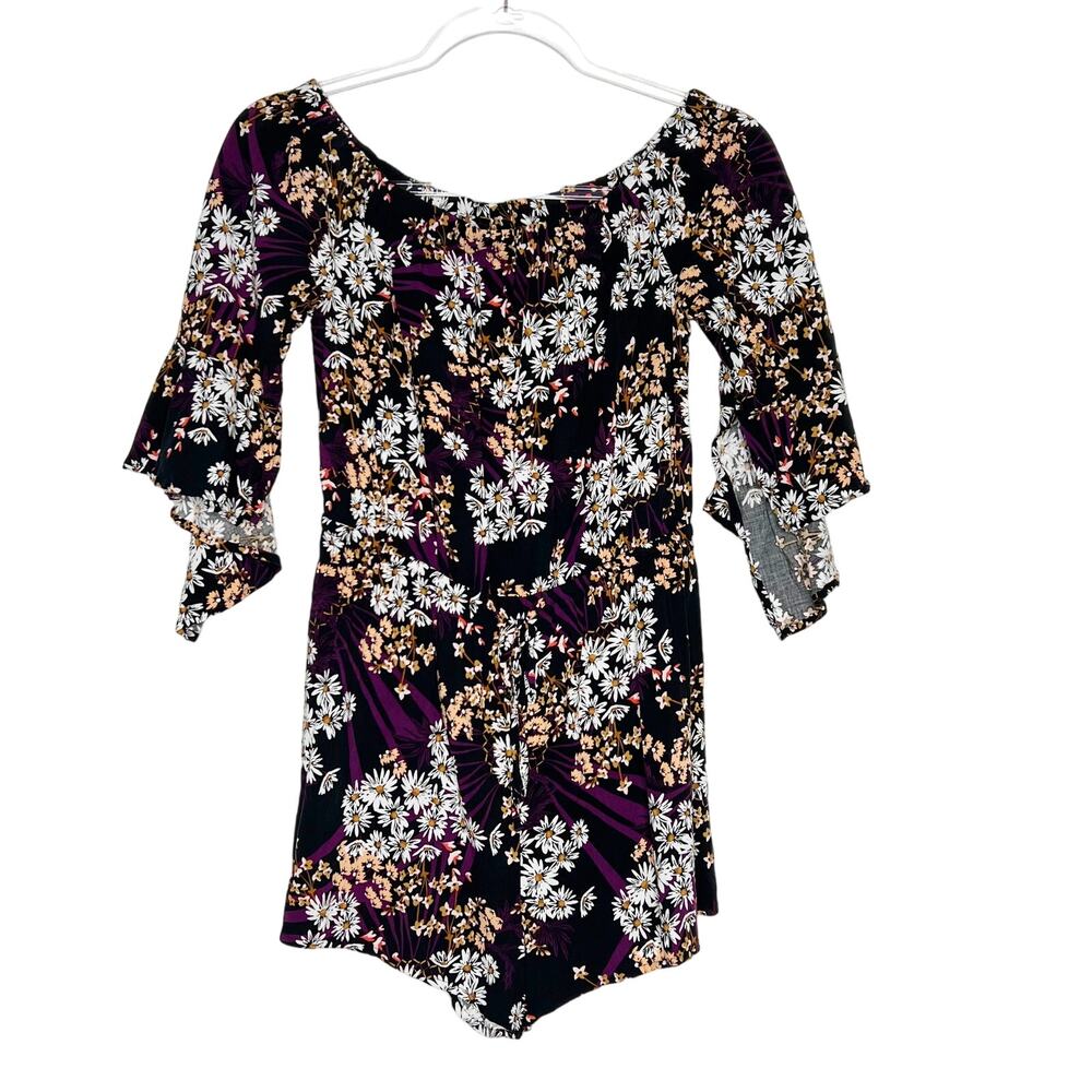 EXPRESS Floral Off-Shoulder Romper Flutter Sleeve Drawstring Black Purple Size S